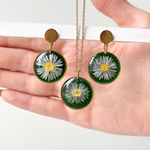 zestaw ze stokrotkami na zielonym tle